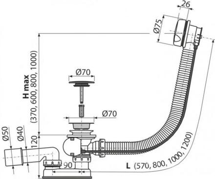 Сифон для ванны автомат комплект белый пластик/пластик (100 cm), арт. A51BM-100