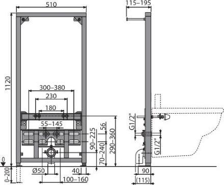 Система инсталляции для биде AlcaPlast A105/1120 цвет черный, 51x19.5x112 см