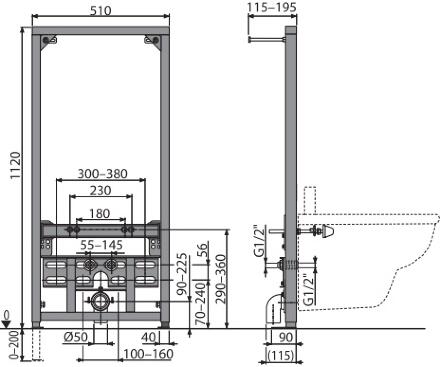 Система инсталляции для биде AlcaPlast A105/1120 цвет черный, 51x19.5x112 см