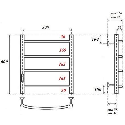 Электрический полотенцесушитель Point PN04756B П4 500x600 диммер слева черный лесенка, 4 секции