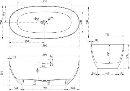 Ванна из искусственного камня Vincea 170x75 VBT-6S01MW белая, матовая, овальная, отдельностоящая