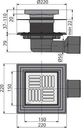 Сливной трап 150×150/50/75 мм боковой сток, решетка из нержавеющей стали, арт.APV3444