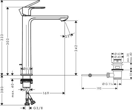 Смеситель для раковины Hansgrohe Rebris S 72580670 с донным клапаном, черный матовый, однорычажный, длина излива 16.9 см