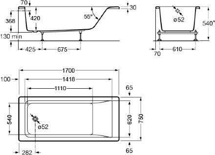 Акриловая ванна Roca Easy 170x75 см прямоугольная, пристенная, объем 215 л.