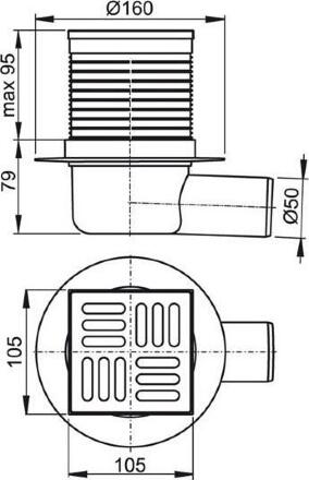 Сливной трап 105 × 105/50, подводка – боковая, решетка – нержавеющая сталь, арт.APV31