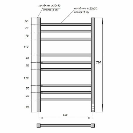 Электрический полотенцесушитель Point PN71858B П9 500x790 диммер справа черный лесенка, в современном стиле