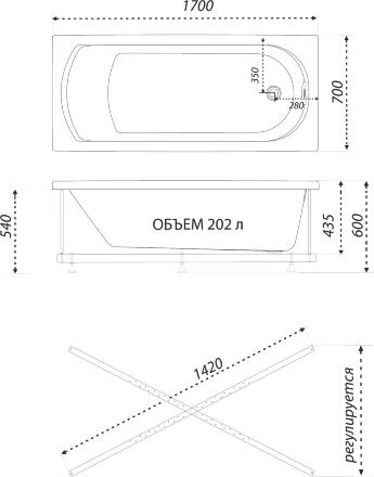 Акриловая ванна 1ACReal Дюна Щ0000046114 170x70 прямоугольная, пристенная